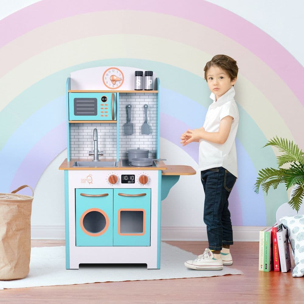 image-Small Retro Interactive Wooden Play Kitchen Toy & 7 Accessories