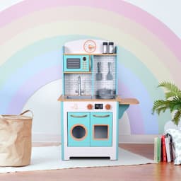 image-Small Retro Interactive Wooden Play Kitchen Toy & 7 Accessories