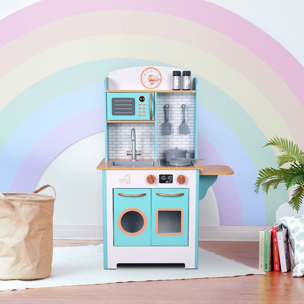 image-Small Retro Interactive Wooden Play Kitchen Toy & 7 Accessories