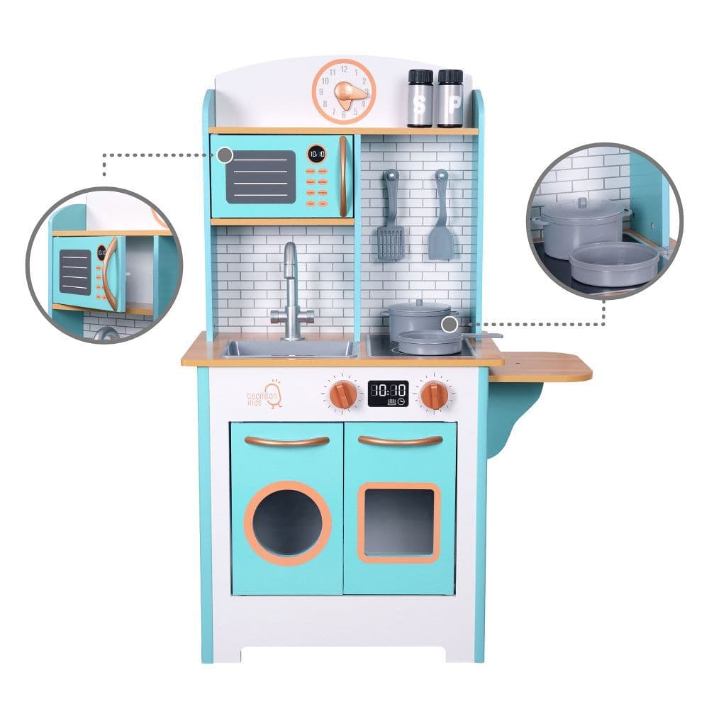 image-Small Retro Interactive Wooden Play Kitchen Toy & 7 Accessories