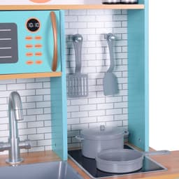 image-Small Retro Interactive Wooden Play Kitchen Toy & 7 Accessories