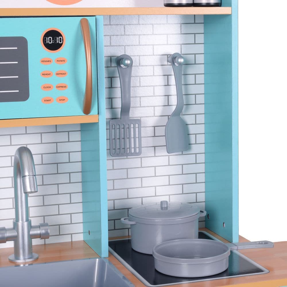 image-Small Retro Interactive Wooden Play Kitchen Toy & 7 Accessories