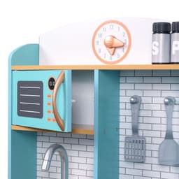 image-Small Retro Interactive Wooden Play Kitchen Toy & 7 Accessories