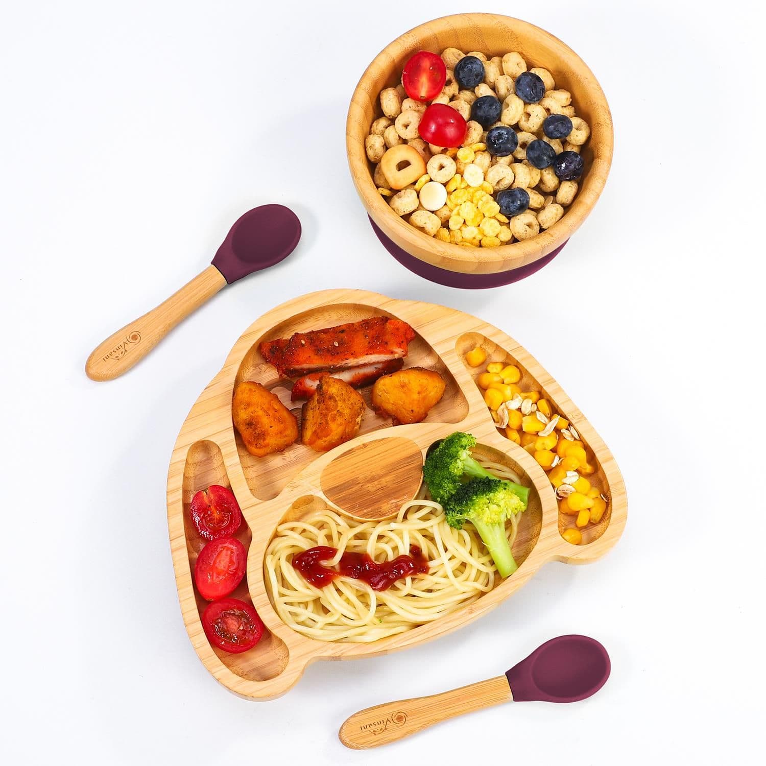 image-Bamboo Dog Plate Bowl & Spoon Set Suction Bowl Stay-Put Design