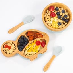image-Bamboo Turtle Plate Bowl & Spoon Set Suction Bowl Stay-Put Design