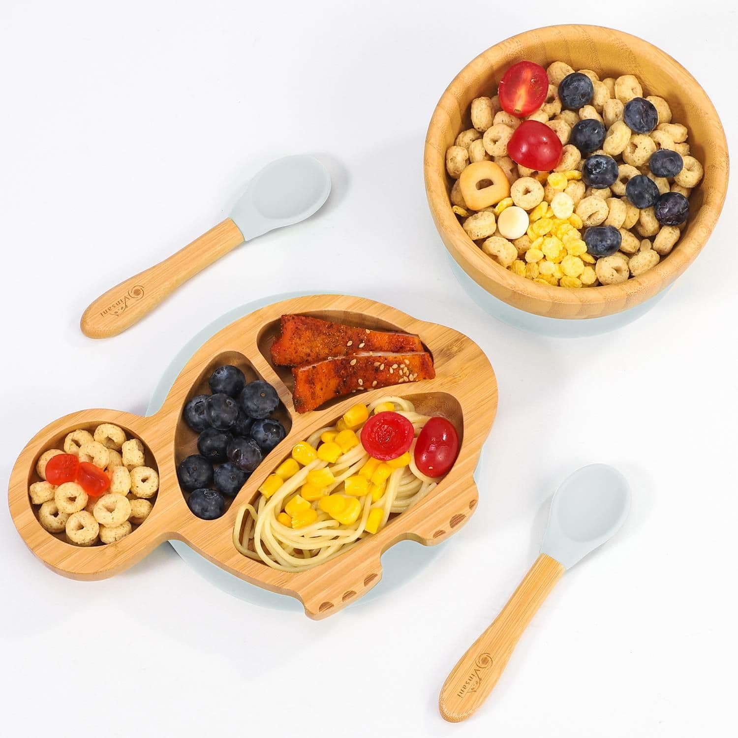 image-Bamboo Turtle Plate Bowl & Spoon Set Suction Bowl Stay-Put Design