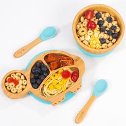 image-Bamboo Turtle Plate Bowl & Spoon Set Suction Bowl Stay-Put Design