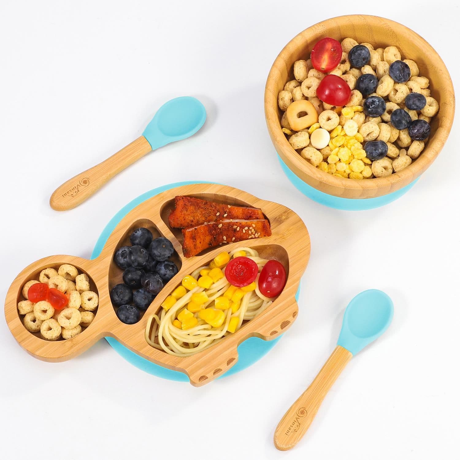 image-Bamboo Turtle Plate Bowl & Spoon Set Suction Bowl Stay-Put Design
