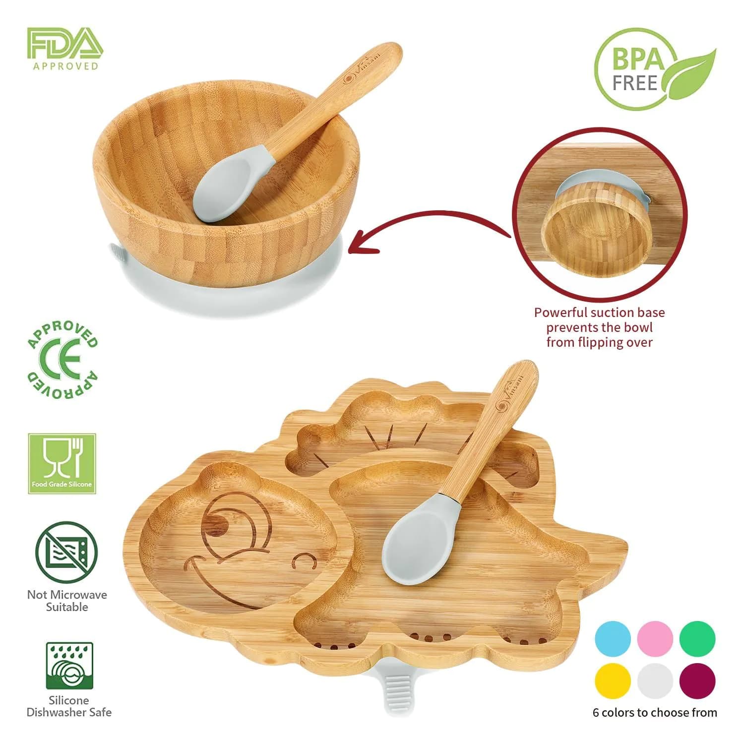 image-Bamboo Dinosaur Plate Bowl & Spoon Set Suction Bowl Stay-Put Design