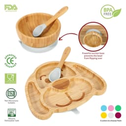 image-Bamboo Dog Plate Bowl & Spoon Set Suction Bowl Stay-Put Design