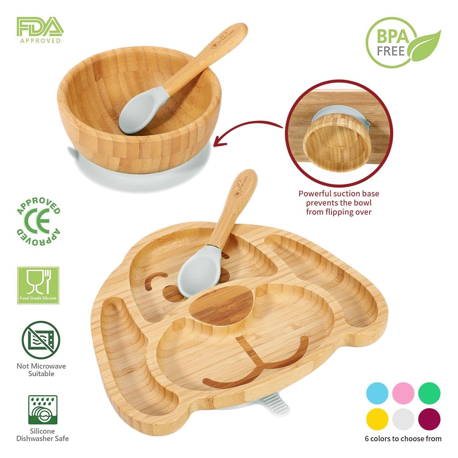 image-Bamboo Dog Plate Bowl & Spoon Set Suction Bowl Stay-Put Design