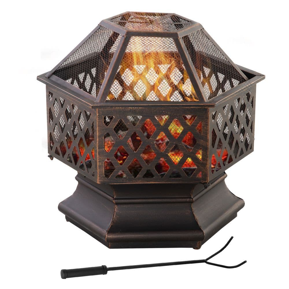 image-Outdoor Fire Pit with Screen Cover, Portable Wood Burning Firebowl