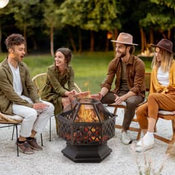 image-Outdoor Fire Pit with Screen Cover, Portable Wood Burning Firebowl