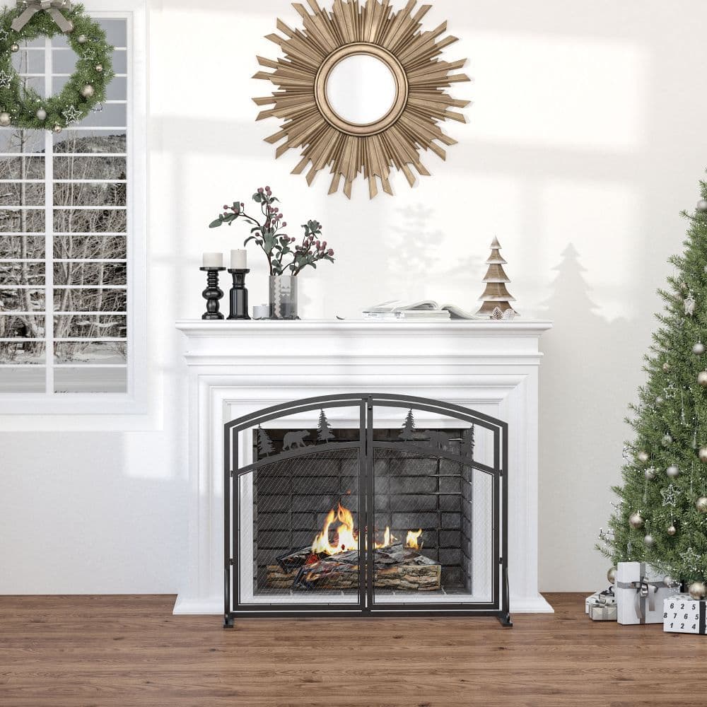 image-Fire Guard with Double Doors, Metal Mesh Fireplace Screen, Spark Flame Barrier