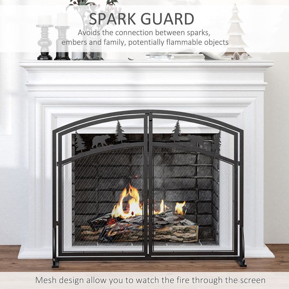 image-Fire Guard with Double Doors, Metal Mesh Fireplace Screen, Spark Flame Barrier