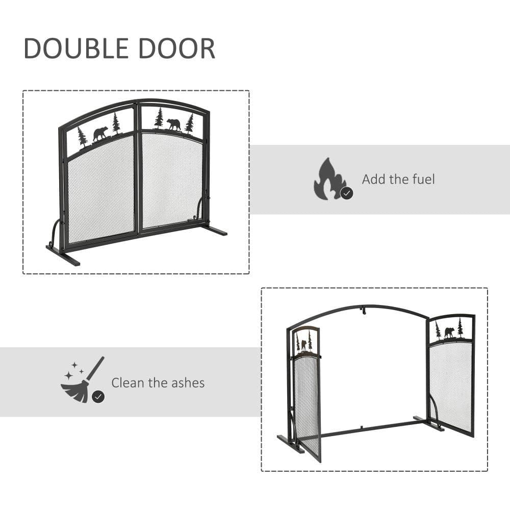 image-Fire Guard with Double Doors, Metal Mesh Fireplace Screen, Spark Flame Barrier