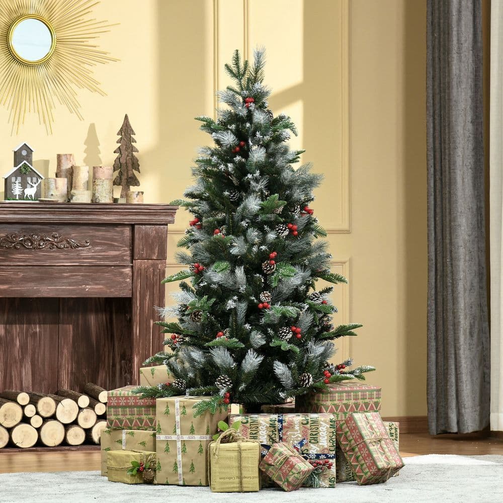 image-5FT Artificial SnowDipped Christmas Tree Foldable Berries White Pinecones Green