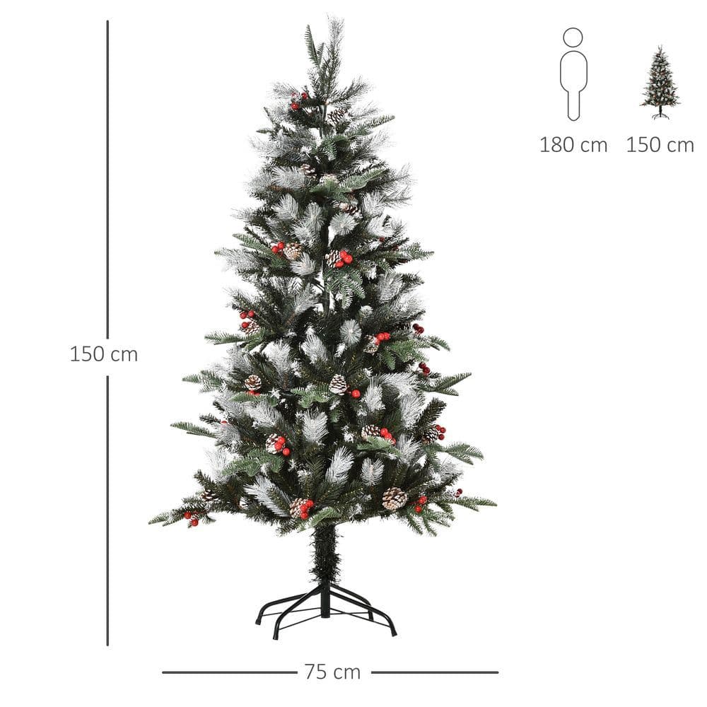 image-5FT Artificial SnowDipped Christmas Tree Foldable Berries White Pinecones Green