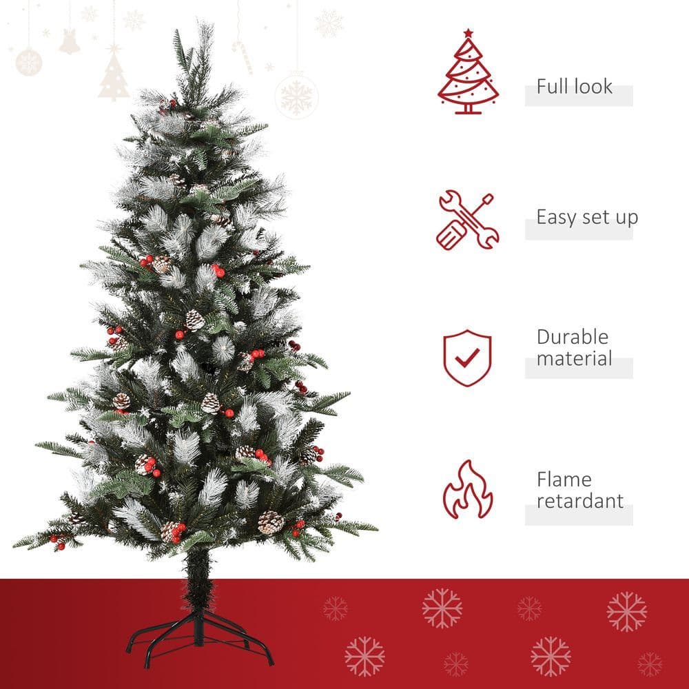 image-5FT Artificial SnowDipped Christmas Tree Foldable Berries White Pinecones Green