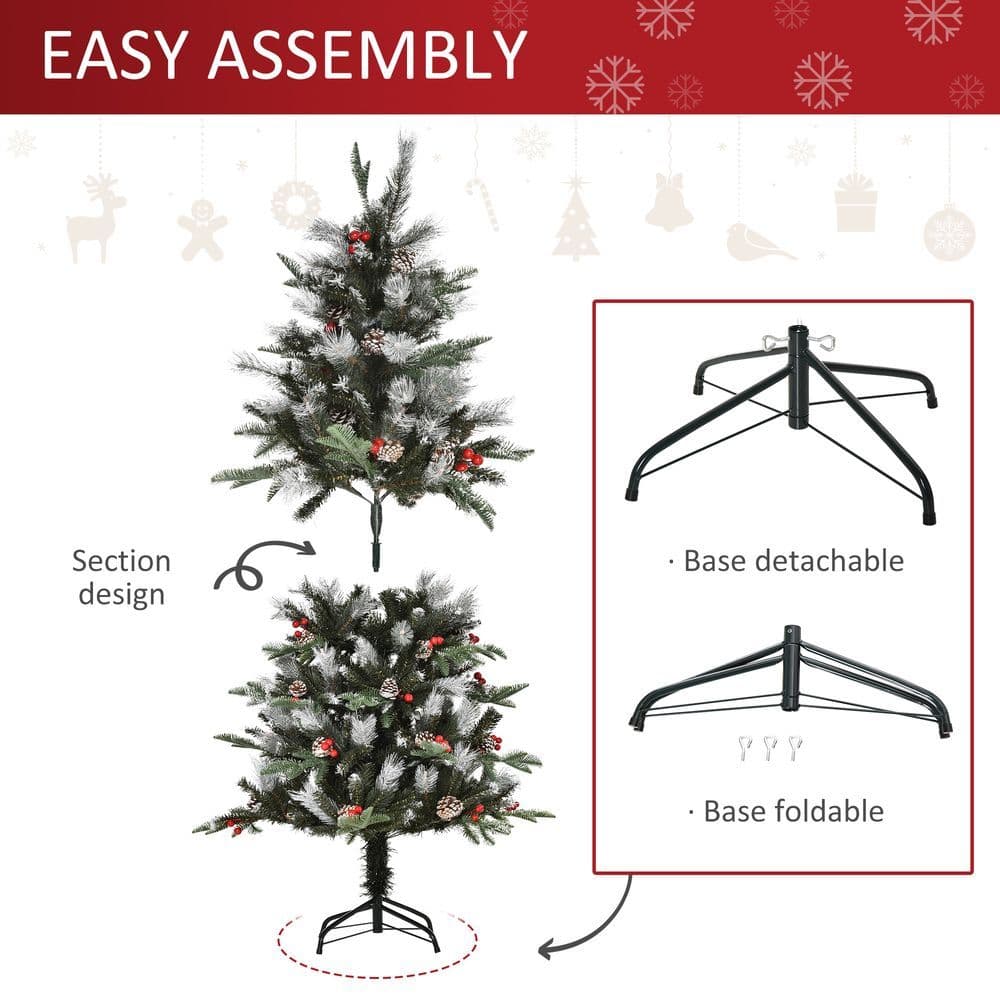 image-5FT Artificial SnowDipped Christmas Tree Foldable Berries White Pinecones Green