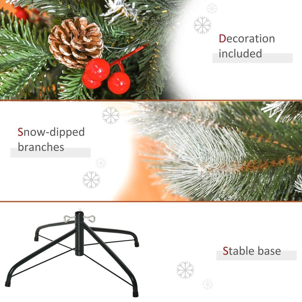 image-5FT Artificial SnowDipped Christmas Tree Foldable Berries White Pinecones Green