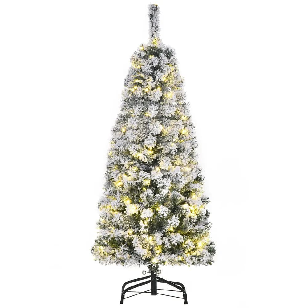 image-4 Feet Prelit Artificial Snow Flocked Christmas Tree Warm LED Light Green White