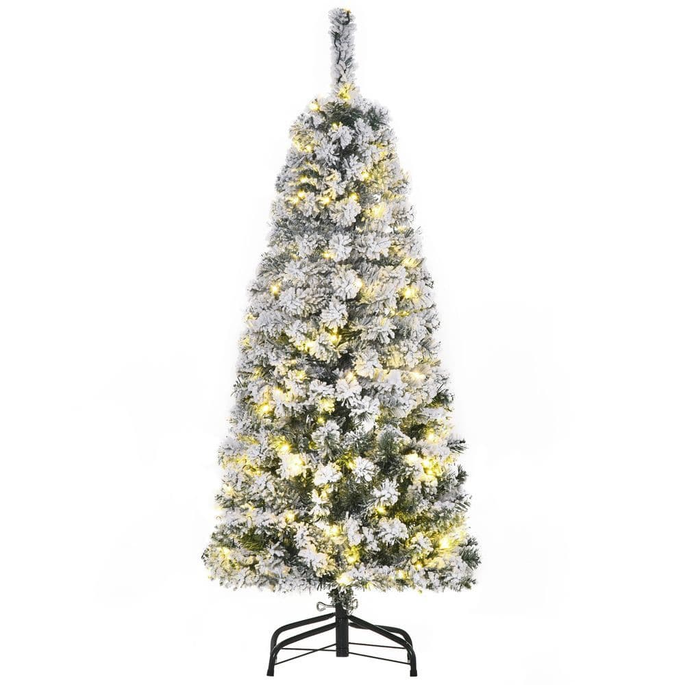 image-4 Feet Prelit Artificial Snow Flocked Christmas Tree Warm LED Light Green White