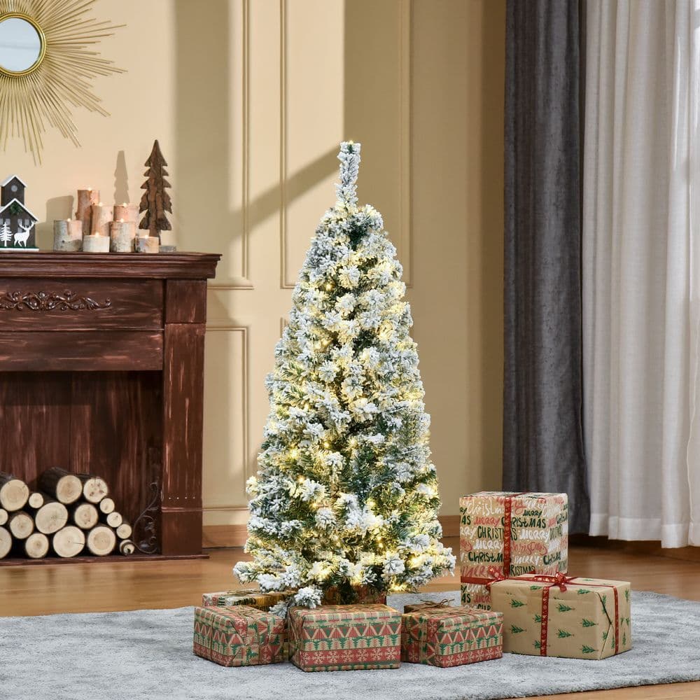 image-4 Feet Prelit Artificial Snow Flocked Christmas Tree Warm LED Light Green White