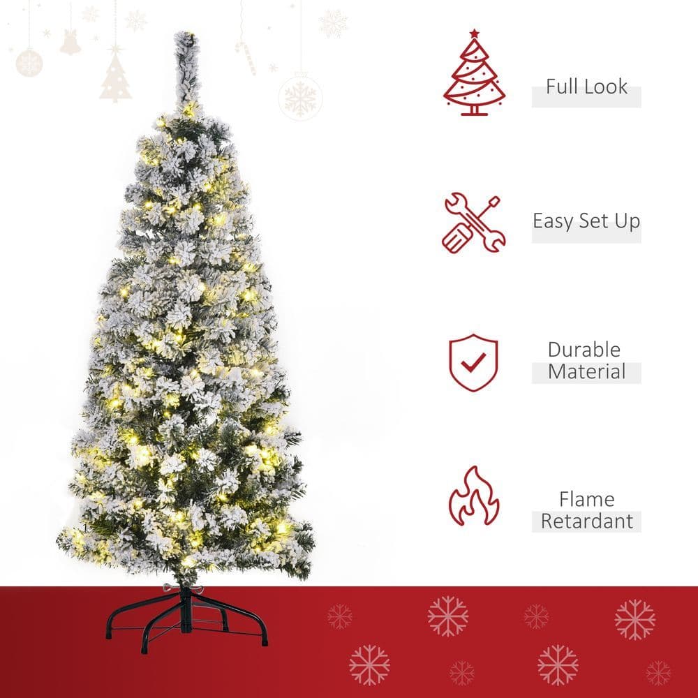 image-4 Feet Prelit Artificial Snow Flocked Christmas Tree Warm LED Light Green White
