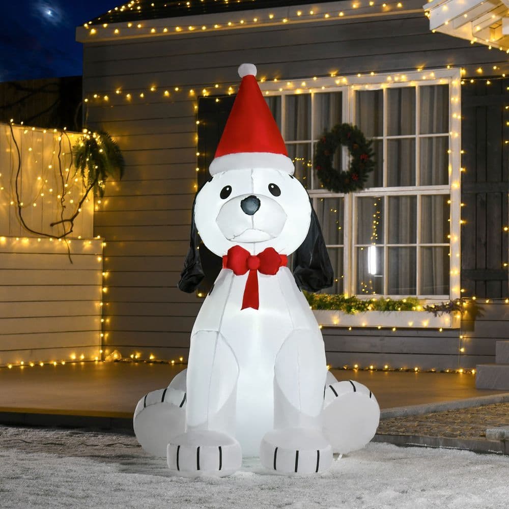 image-6ft Inflatable Christmas Puppy Dog Wearing Santa Hat Lighted Outdoor Indoor