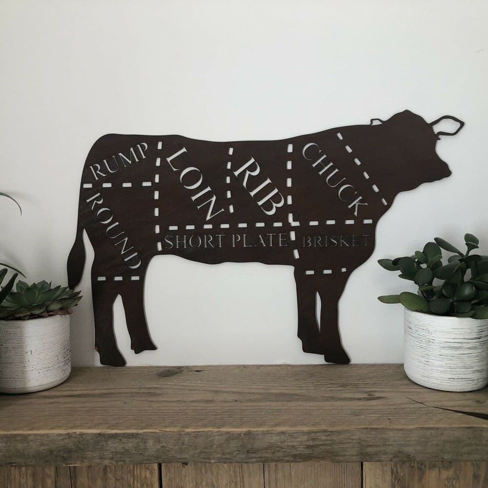 image-COW Sign Rusty Metal Home BBQ Kitchen rustic shabby chic butchers cuts
