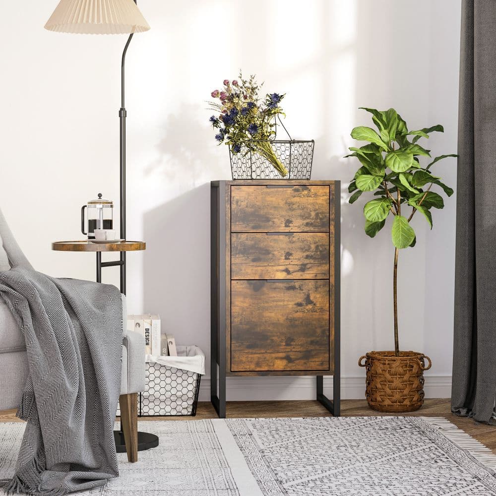image-Industrial 3-Drawer Storage Chest Metal Frame Freestanding Unit Brown