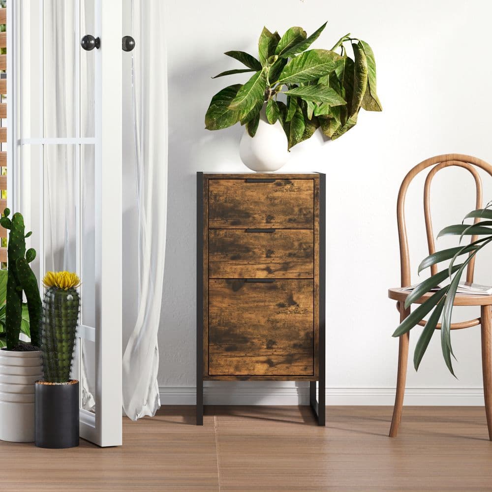 image-Industrial 3-Drawer Storage Chest Metal Frame Freestanding Unit Brown