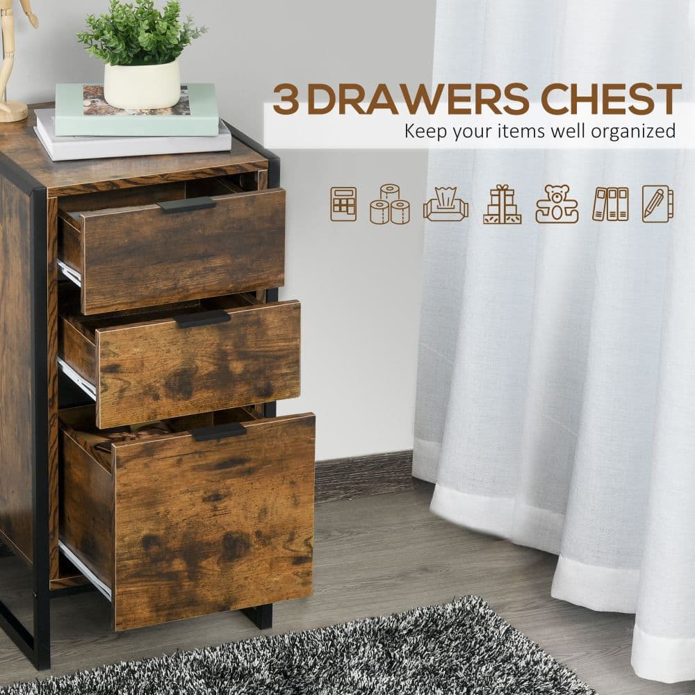 image-Industrial 3-Drawer Storage Chest Metal Frame Freestanding Unit Brown