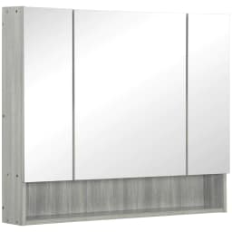 image-kleankin Bathroom Mirror Cabinet, Wall Mounted 3 Doors and Cupboards, Grey