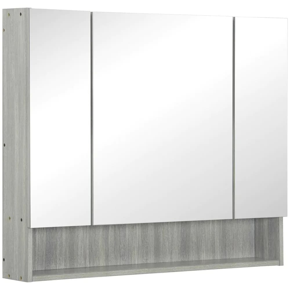image-kleankin Bathroom Mirror Cabinet, Wall Mounted 3 Doors and Cupboards, Grey