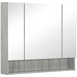 image-kleankin Bathroom Mirror Cabinet, Wall Mounted 3 Doors and Cupboards, Grey