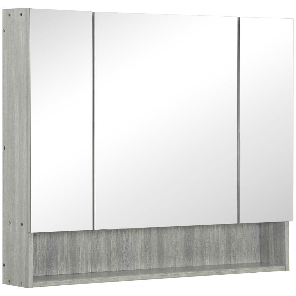 image-kleankin Bathroom Mirror Cabinet, Wall Mounted 3 Doors and Cupboards, Grey