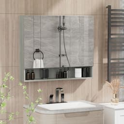 image-kleankin Bathroom Mirror Cabinet, Wall Mounted 3 Doors and Cupboards, Grey