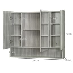 image-kleankin Bathroom Mirror Cabinet, Wall Mounted 3 Doors and Cupboards, Grey