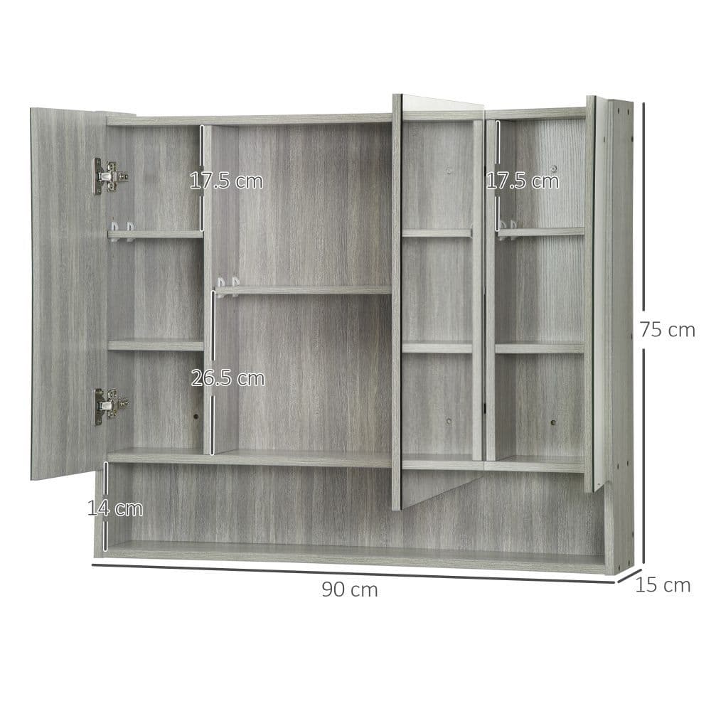 image-kleankin Bathroom Mirror Cabinet, Wall Mounted 3 Doors and Cupboards, Grey
