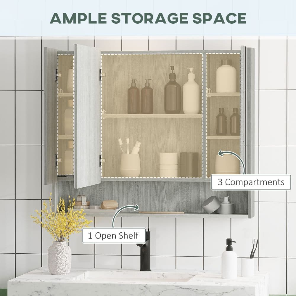 image-kleankin Bathroom Mirror Cabinet, Wall Mounted 3 Doors and Cupboards, Grey