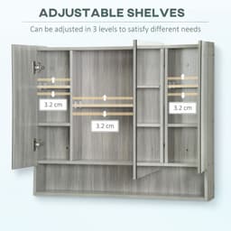 image-kleankin Bathroom Mirror Cabinet, Wall Mounted 3 Doors and Cupboards, Grey