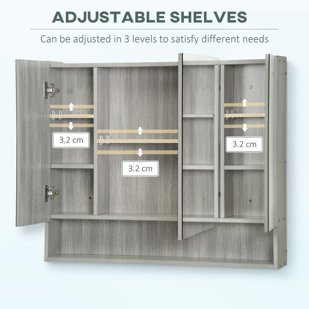 image-kleankin Bathroom Mirror Cabinet, Wall Mounted 3 Doors and Cupboards, Grey