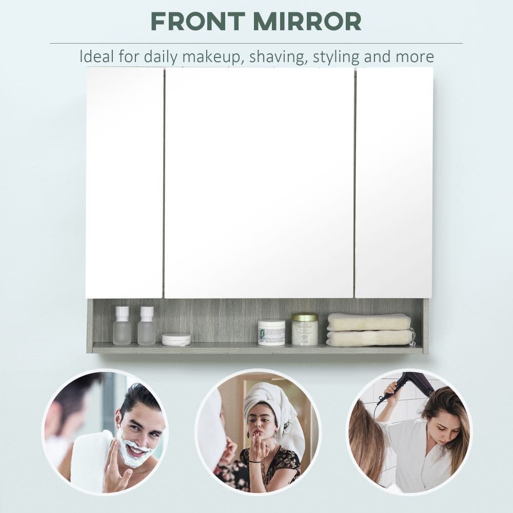 image-kleankin Bathroom Mirror Cabinet, Wall Mounted 3 Doors and Cupboards, Grey