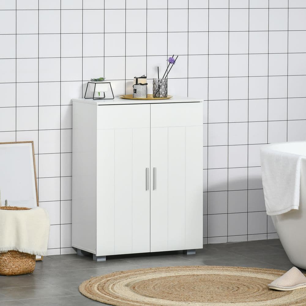 image-Modern Bathroom Floor Cabinet, with 3 Tier Shelves, White