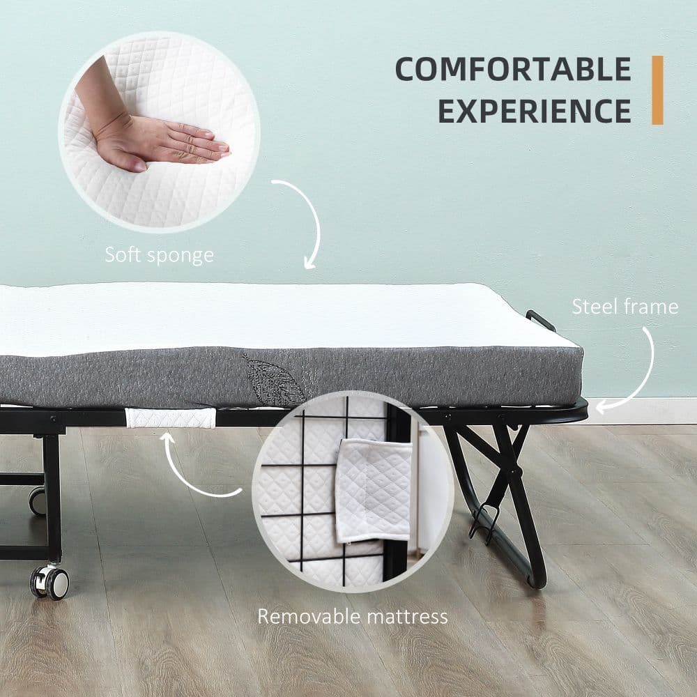 image-Folding Bed with 10cm Mattress, Portable Foldable Guest Bed Metal Frame