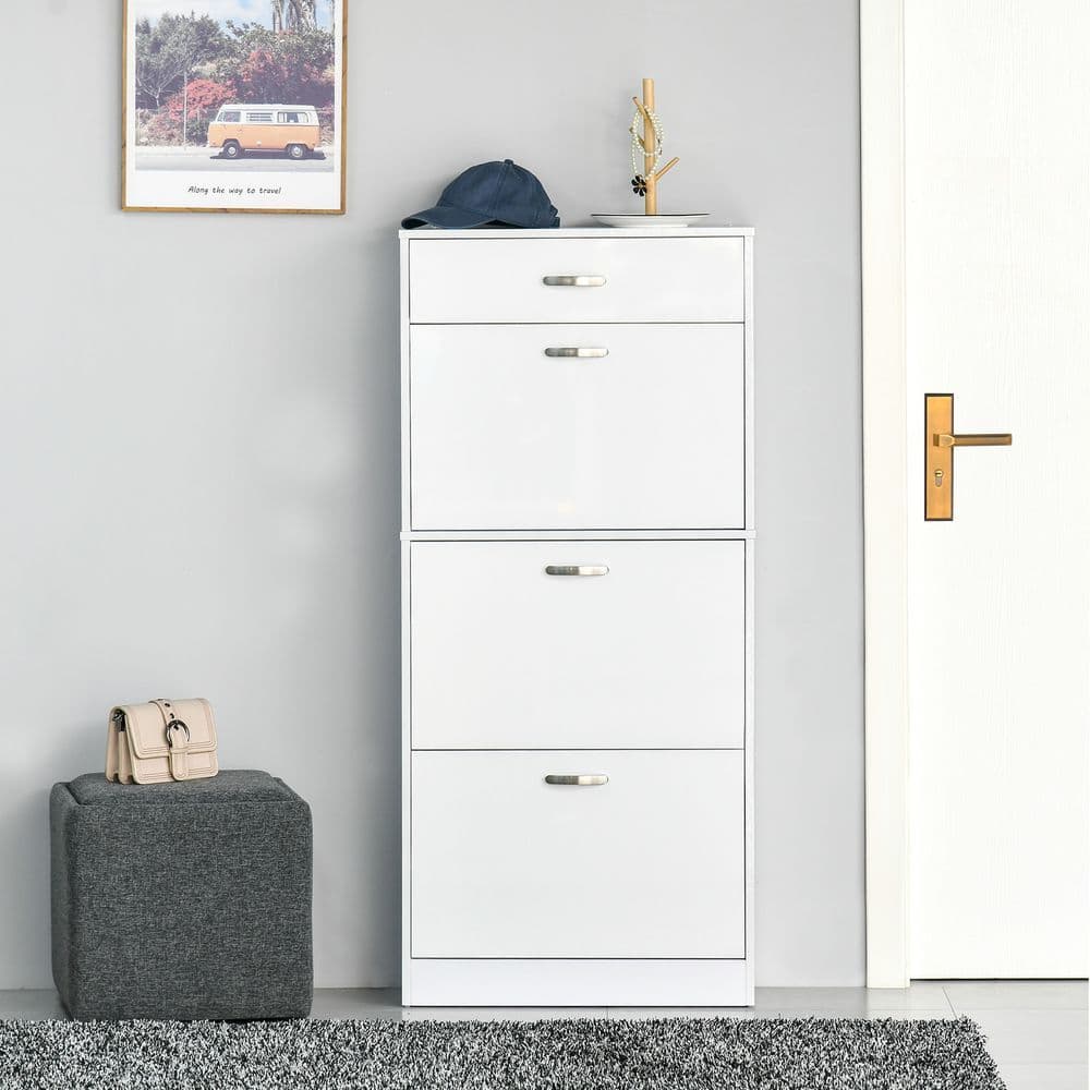 image-Shoe Cabinet 4 Drawers Storage with Flip Doors Shelves for 18 Pairs White