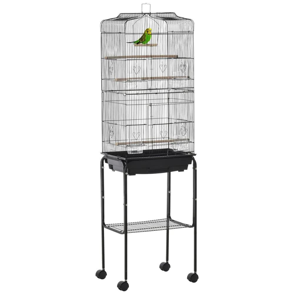 image-Bird Cage Metal Budgie Cages W/ Rolling Stand Slide-out Tray Storage Shelf Black