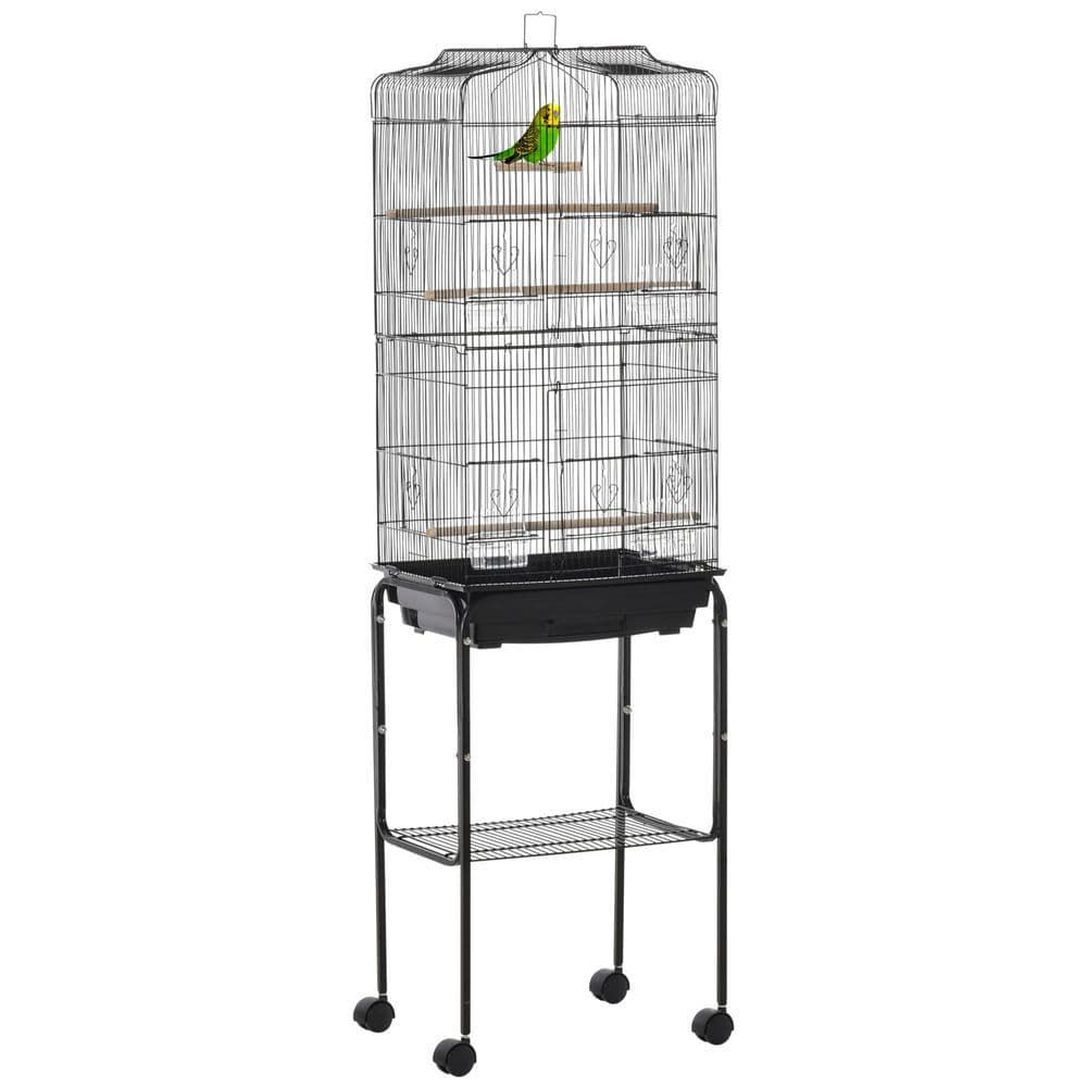 image-Bird Cage Metal Budgie Cages W/ Rolling Stand Slide-out Tray Storage Shelf Black